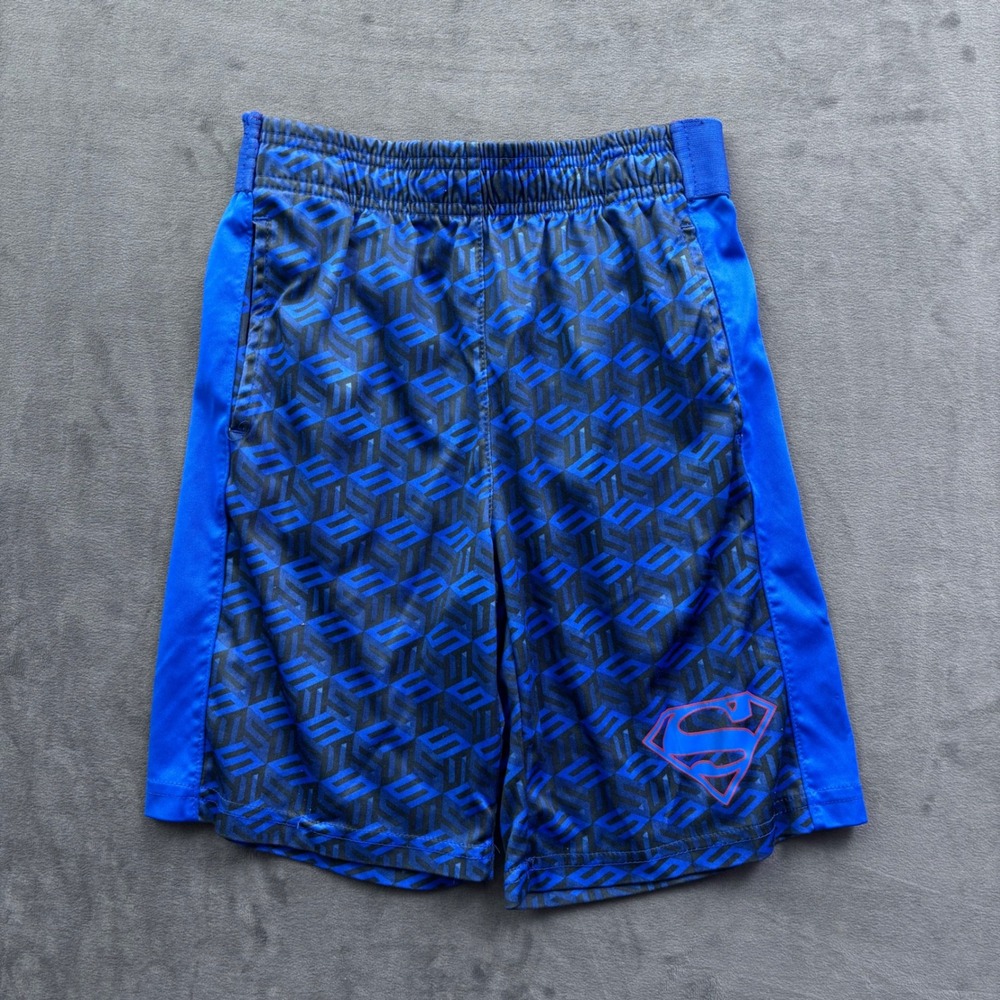 Vintage Superman Boys Blue Black Geometric Athletic Basketball Shorts Size 6/7